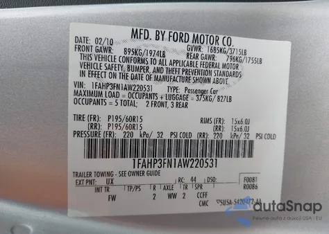 2010 Ford Focus Se из США, поврежденный, VIN 1FAHP3FN1AW220531